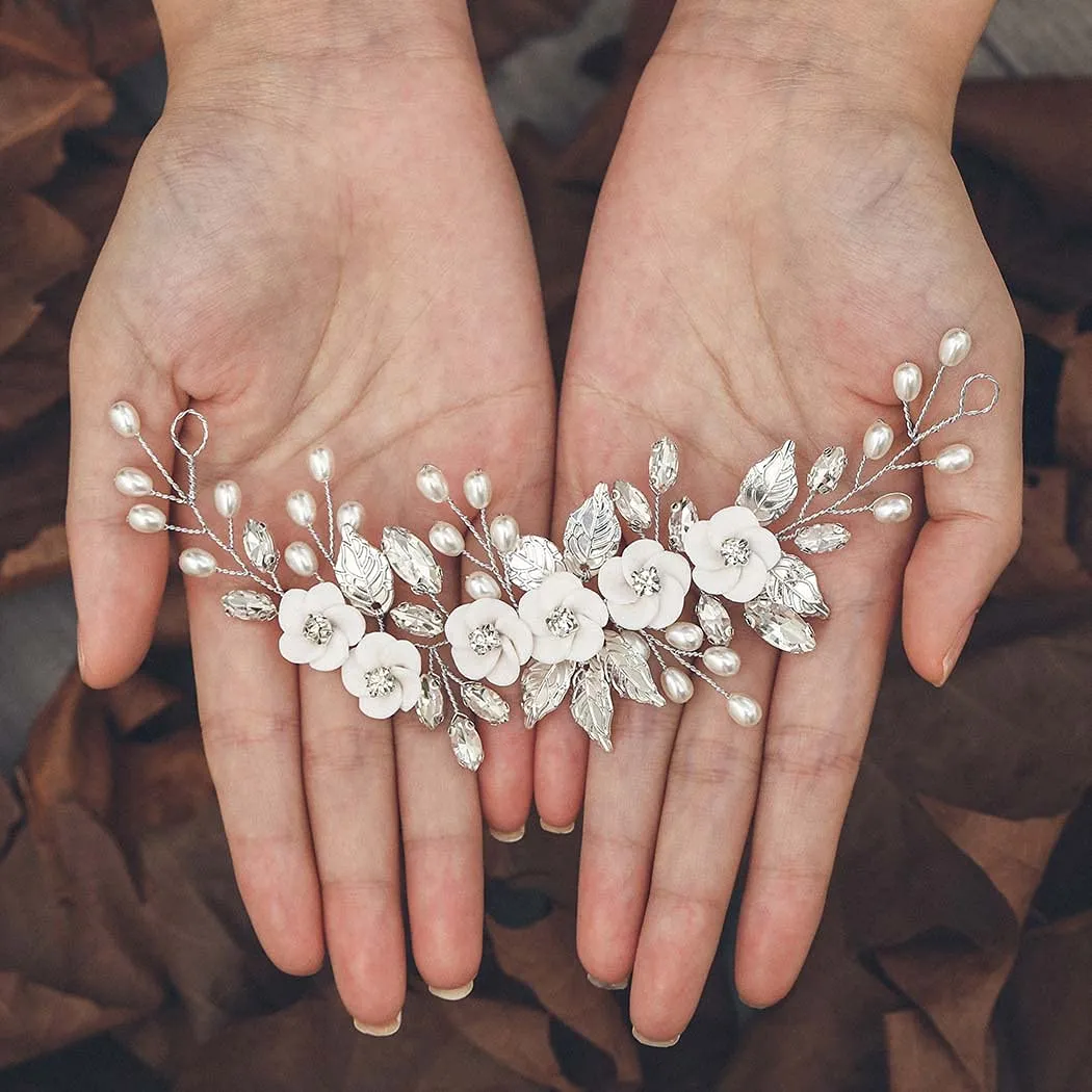 GORAIS Flower Bride Wedding Hair Vine Silver Crystal Bridal Hair Pieces Leaf Headband Hair Accessories for Women and Girls