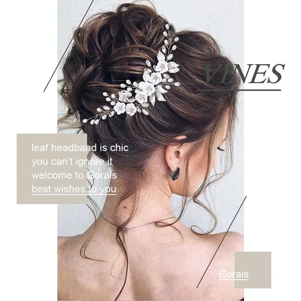 GORAIS Flower Bride Wedding Hair Vine Silver Crystal Bridal Hair Pieces Leaf Headband Hair Accessories for Women and Girls