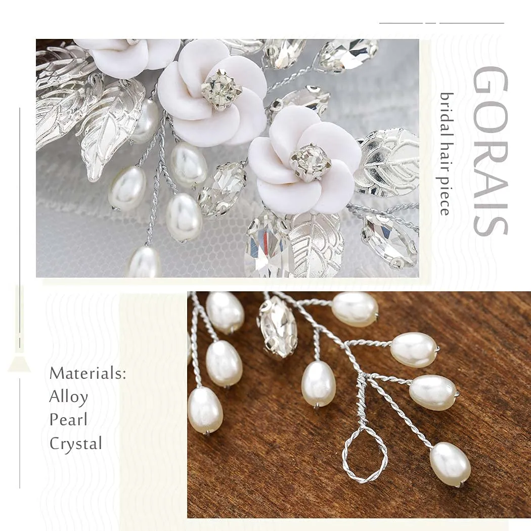 GORAIS Flower Bride Wedding Hair Vine Silver Crystal Bridal Hair Pieces Leaf Headband Hair Accessories for Women and Girls