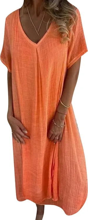 GORIFE Women's Loose V Neck Casual Solid Color Dress T-Shirt Cotton Linen Short Sleeve Summer Maxi Dress