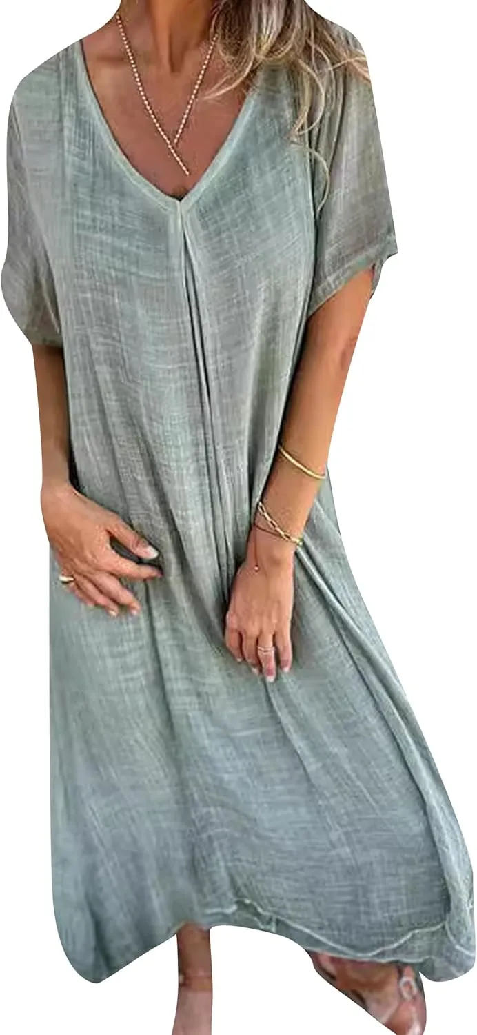 GORIFE Women's Loose V Neck Casual Solid Color Dress T-Shirt Cotton Linen Short Sleeve Summer Maxi Dress
