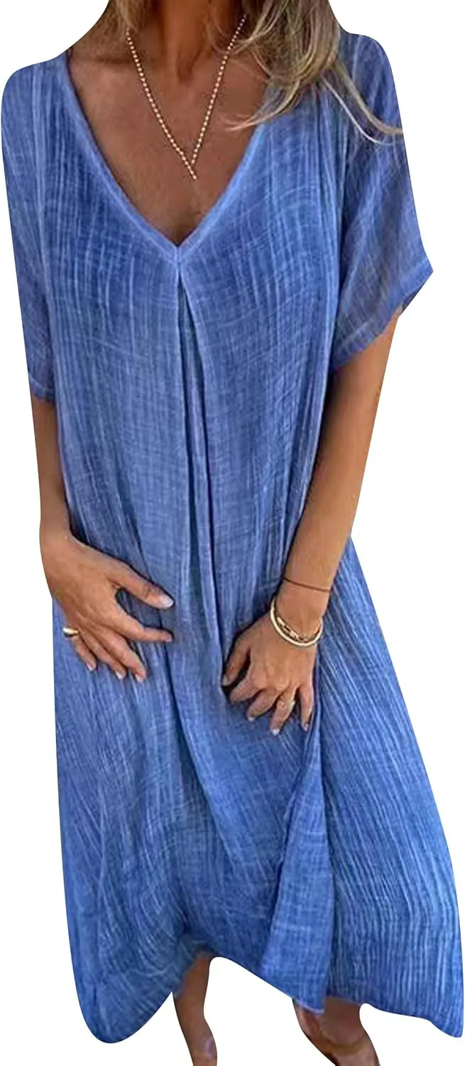 GORIFE Women's Loose V Neck Casual Solid Color Dress T-Shirt Cotton Linen Short Sleeve Summer Maxi Dress