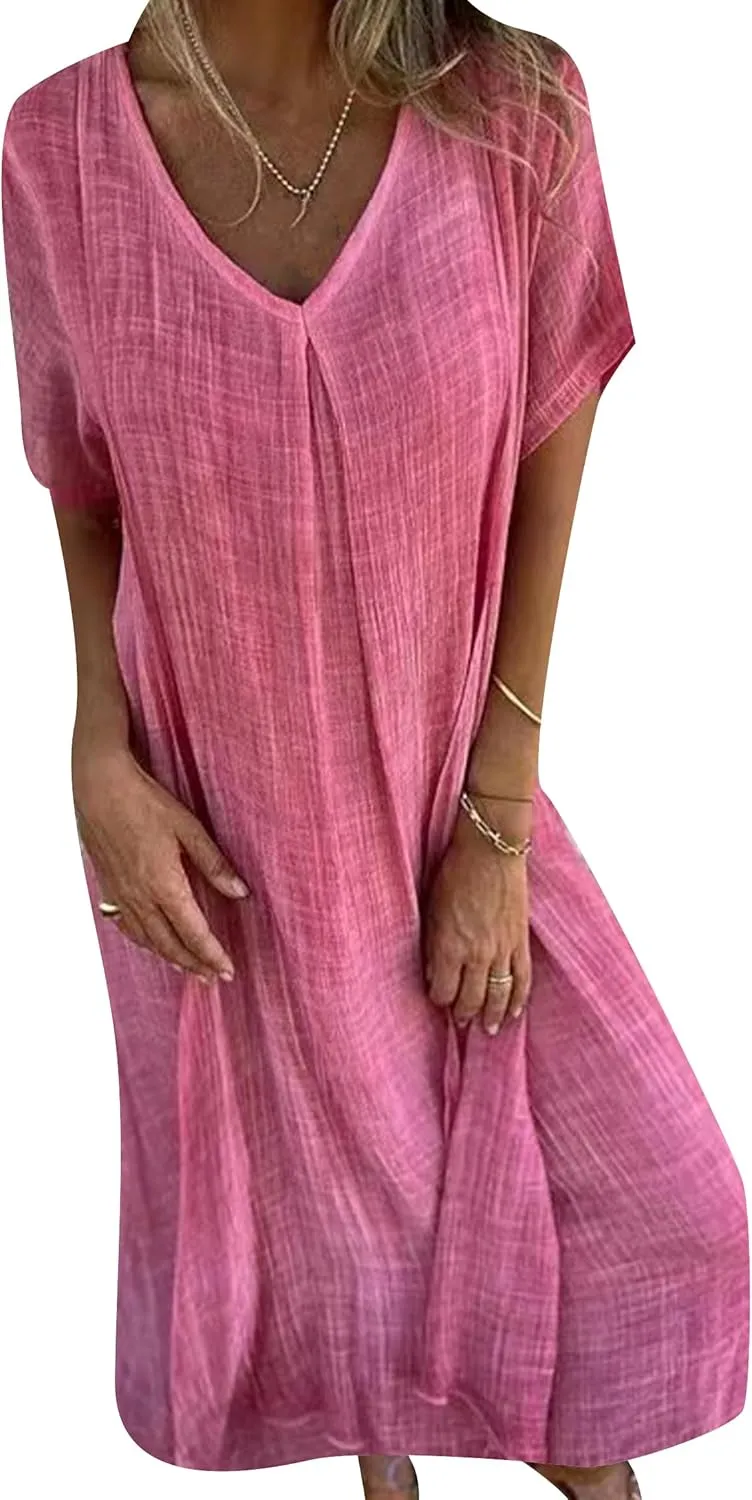 GORIFE Women's Loose V Neck Casual Solid Color Dress T-Shirt Cotton Linen Short Sleeve Summer Maxi Dress