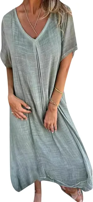 GORIFE Women's Loose V Neck Casual Solid Color Dress T-Shirt Cotton Linen Short Sleeve Summer Maxi Dress