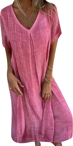 GORIFE Women's Loose V Neck Casual Solid Color Dress T-Shirt Cotton Linen Short Sleeve Summer Maxi Dress