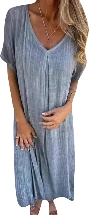 GORIFE Women's Loose V Neck Casual Solid Color Dress T-Shirt Cotton Linen Short Sleeve Summer Maxi Dress
