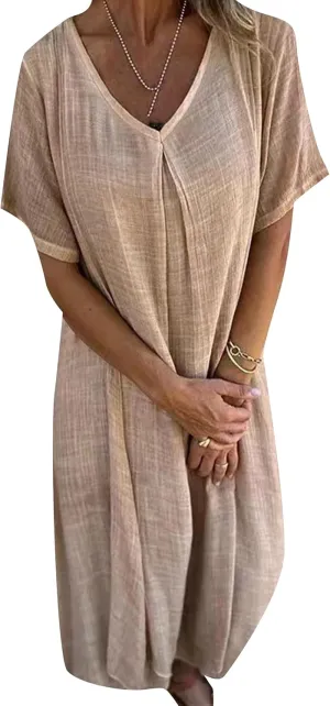 GORIFE Women's Loose V Neck Casual Solid Color Dress T-Shirt Cotton Linen Short Sleeve Summer Maxi Dress