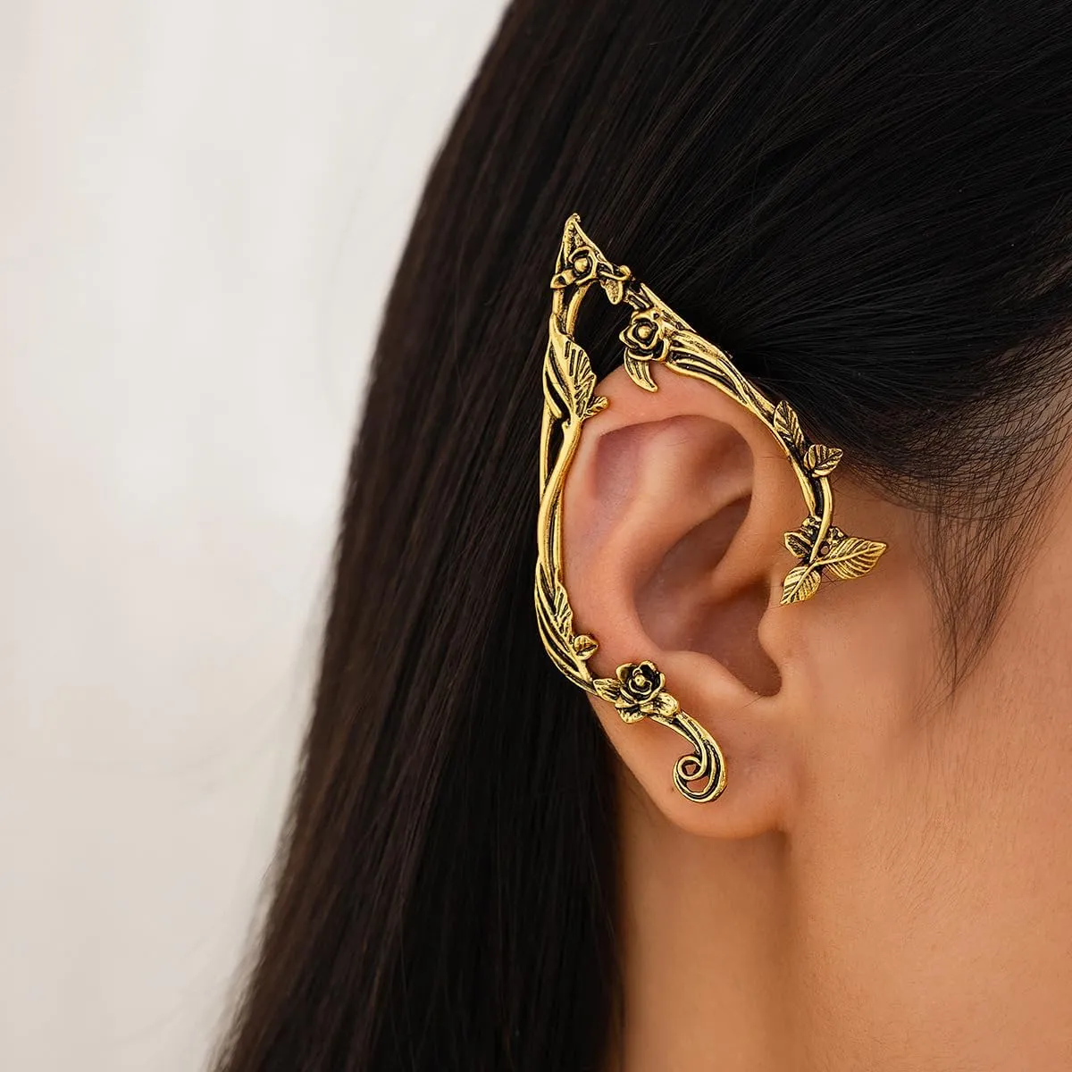 Gothic Elves Ear Cuff 2pcs Piercing Cartilage Climber Ear Wrap Retro Silver Gold Floral Vine Stud Earrings Punk Hip Hop Clip on Statement Earrings for Women
