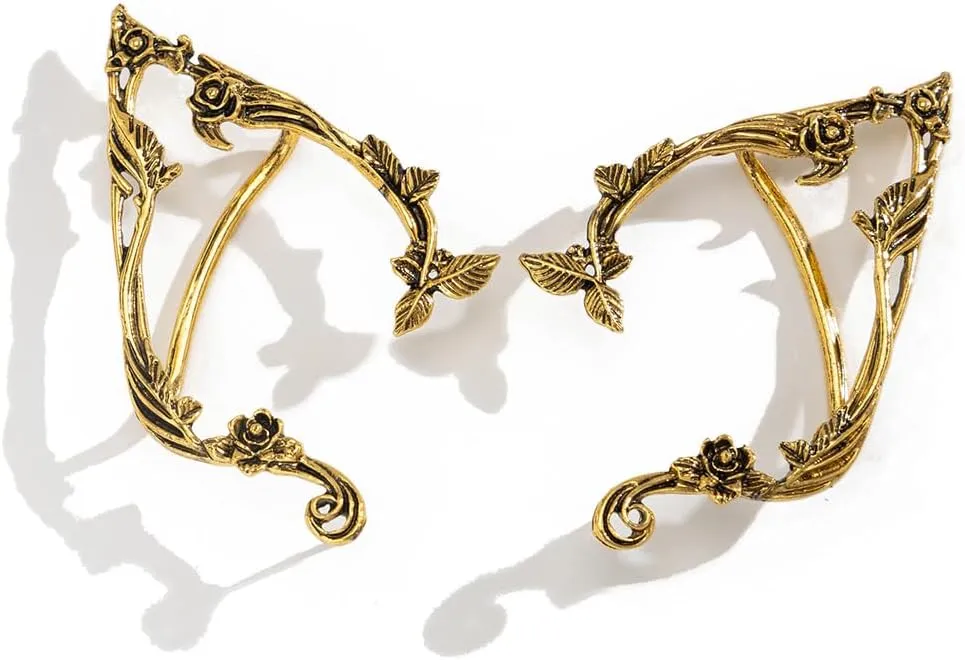 Gothic Elves Ear Cuff 2pcs Piercing Cartilage Climber Ear Wrap Retro Silver Gold Floral Vine Stud Earrings Punk Hip Hop Clip on Statement Earrings for Women