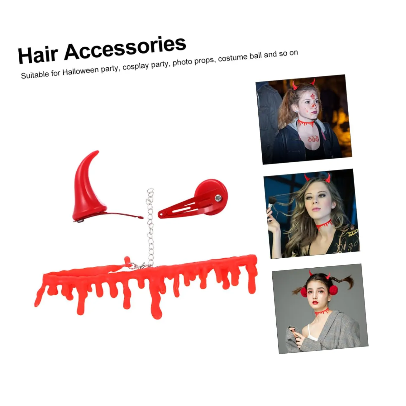 Halloween Bloodstain Necklace Set 6pcs Horn Hairpin Hair Accessories One Size Fits All