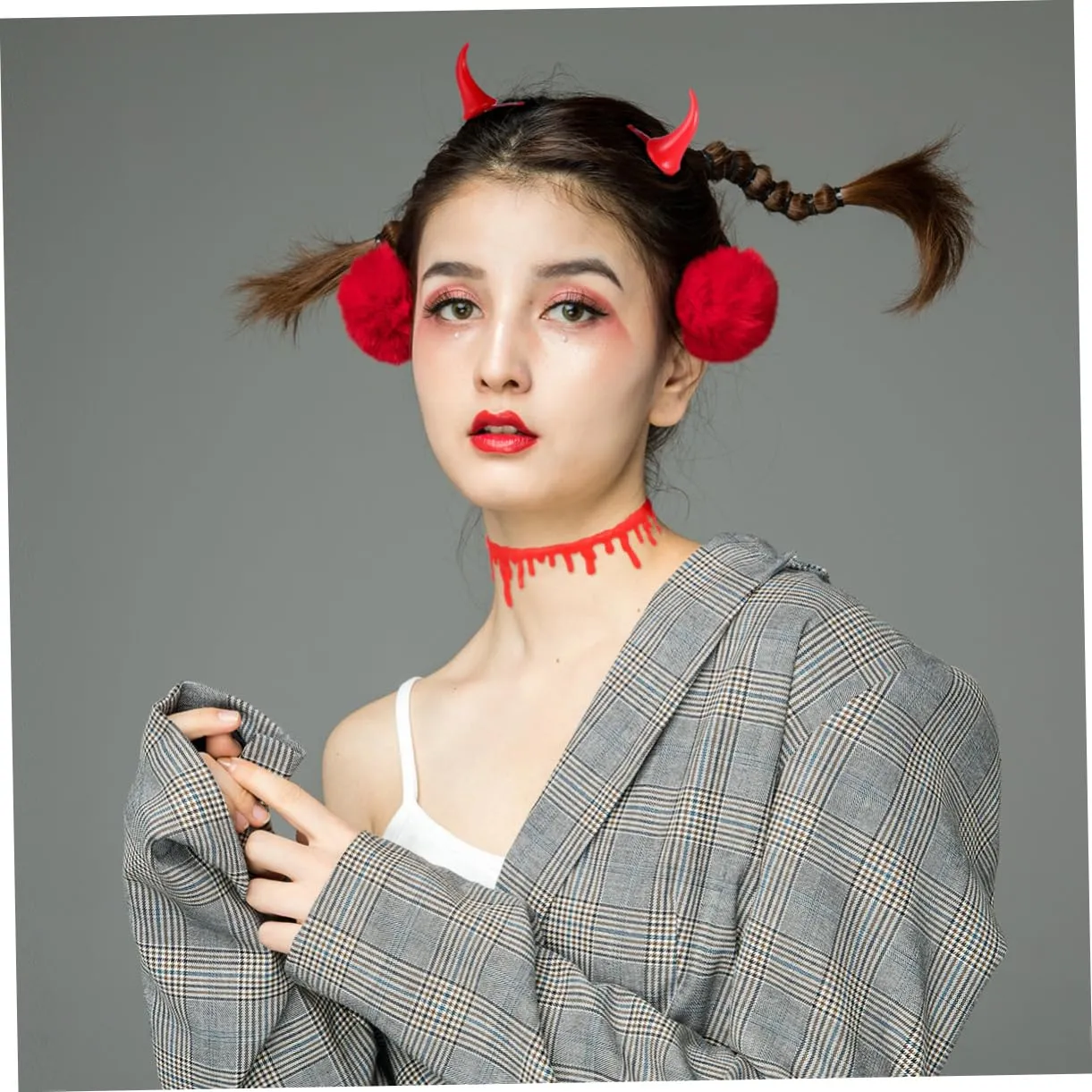 Halloween Bloodstain Necklace Set 6pcs Horn Hairpin Hair Accessories One Size Fits All