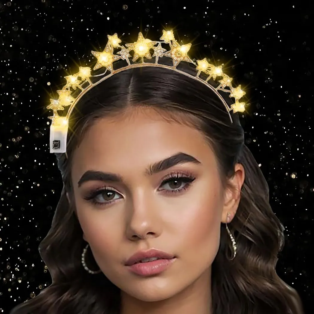 Halo Light Up Crown Crystal Star Halo Headband Led Rhinestone Tiaras Crowns Goddess Hair Accessories for Wedding Party (Gold, free-a)