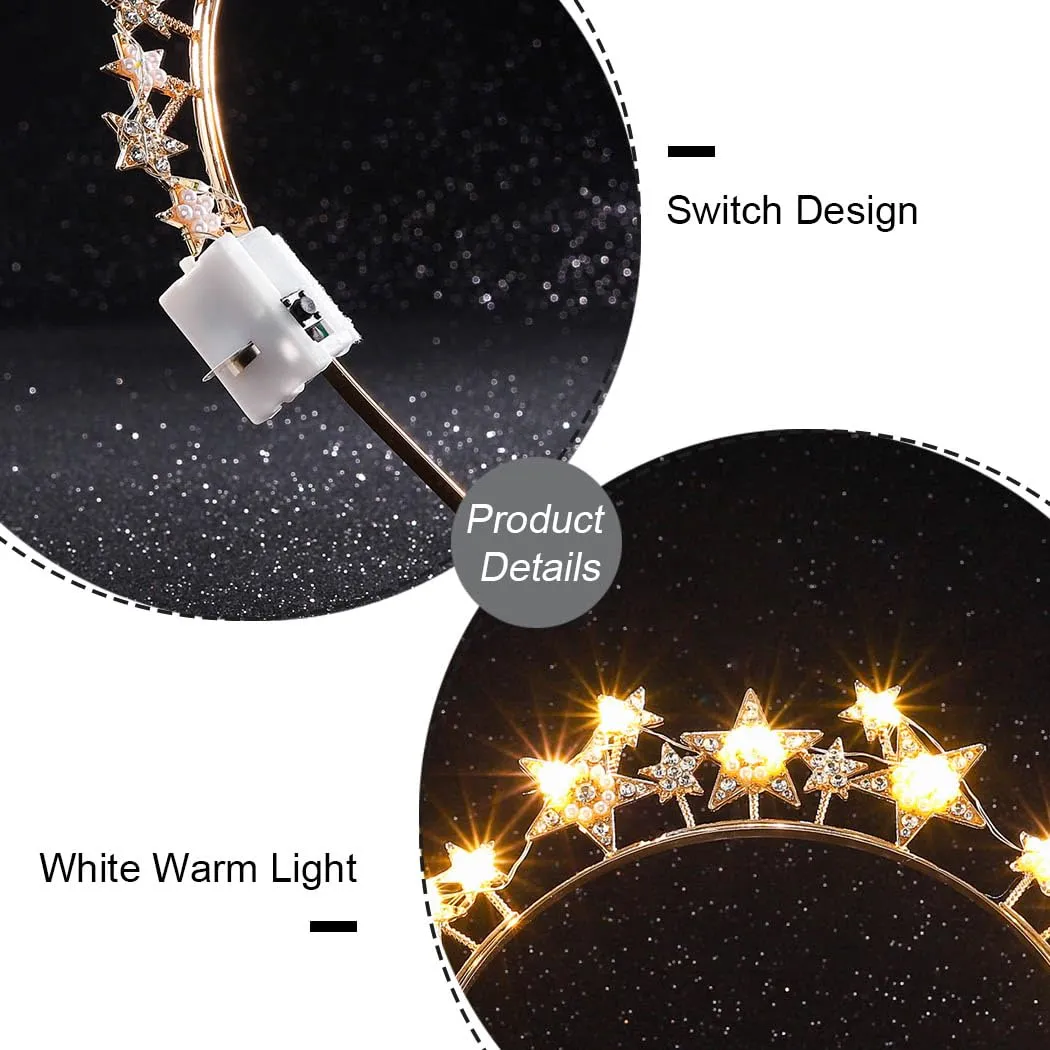 Halo Light Up Crown Crystal Star Halo Headband Led Rhinestone Tiaras Crowns Goddess Hair Accessories for Wedding Party (Gold, free-a)