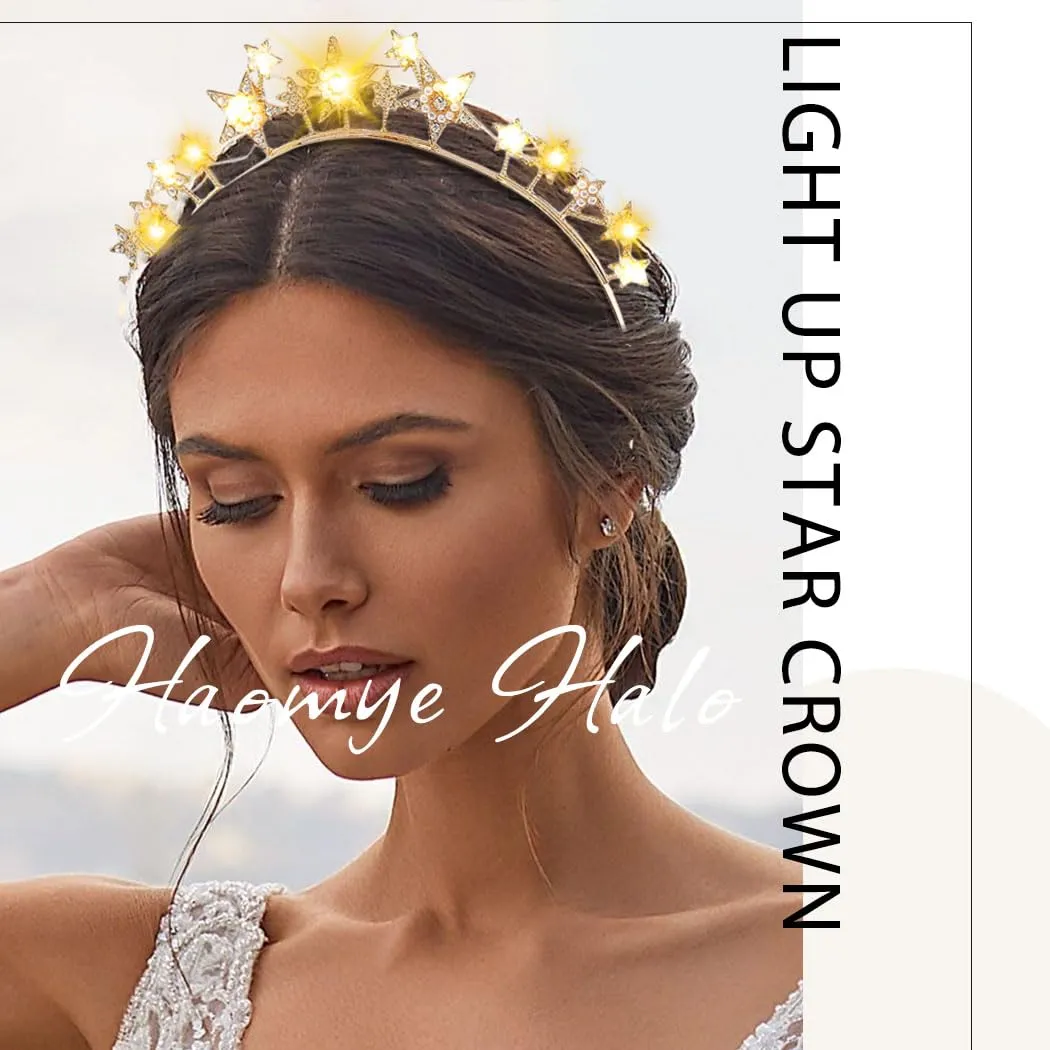 Halo Light Up Crown Crystal Star Halo Headband Led Rhinestone Tiaras Crowns Goddess Hair Accessories for Wedding Party (Gold, free-a)