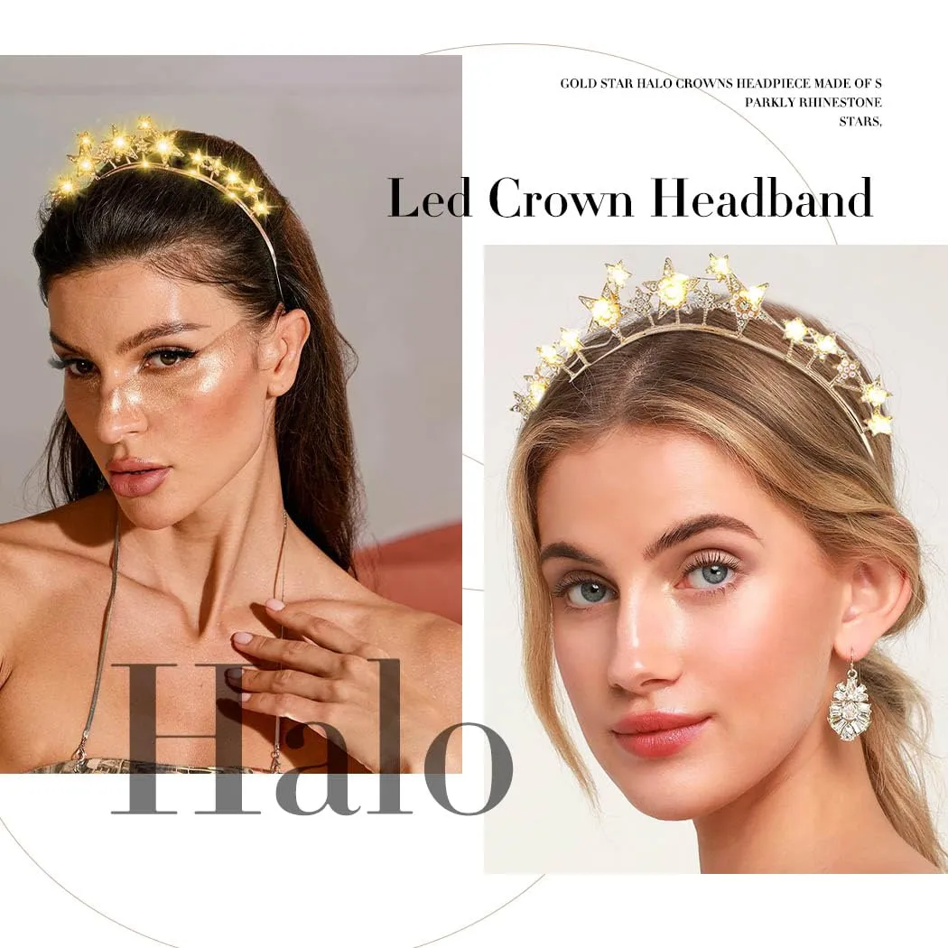 Halo Light Up Crown Crystal Star Halo Headband Led Rhinestone Tiaras Crowns Goddess Hair Accessories for Wedding Party (Gold, free-a)