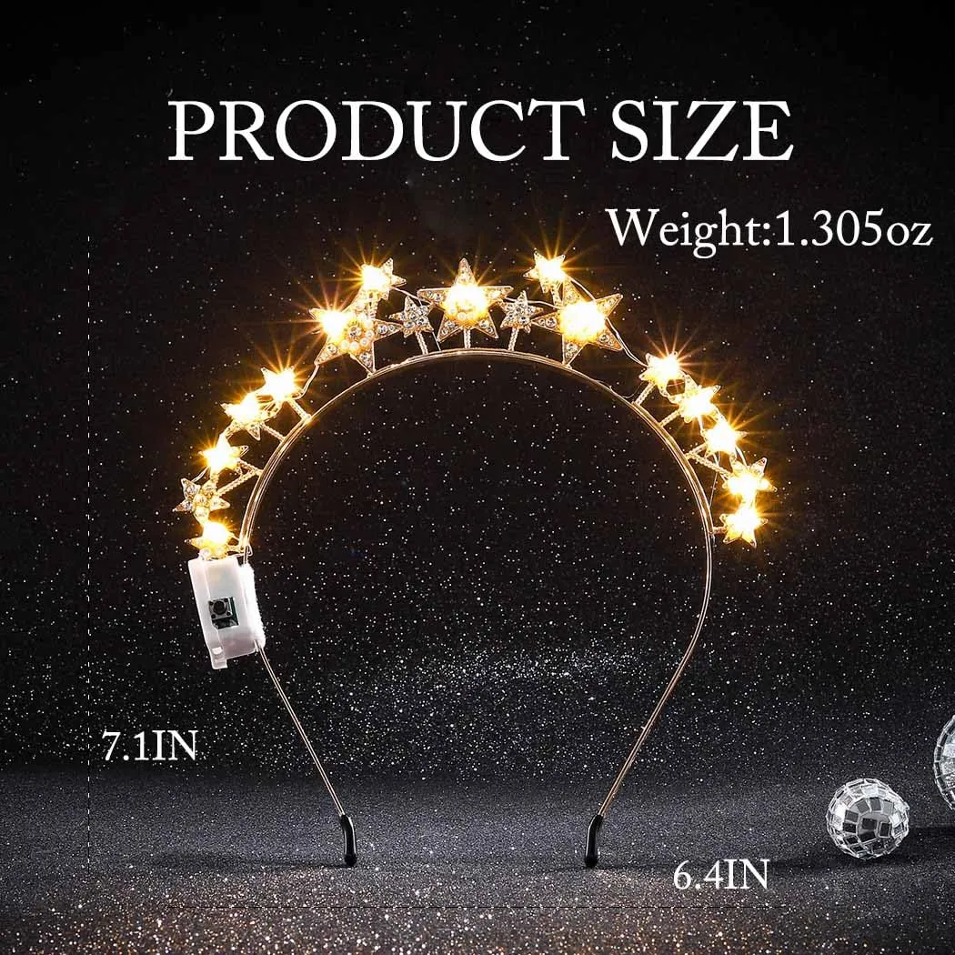 Halo Light Up Crown Crystal Star Halo Headband Led Rhinestone Tiaras Crowns Goddess Hair Accessories for Wedding Party (Gold, free-a)