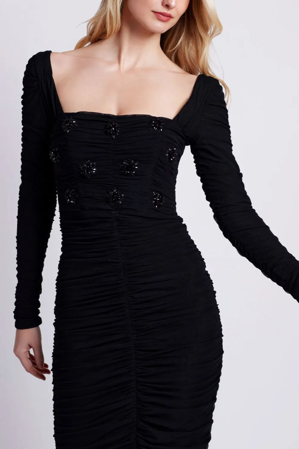 HAND BEADED STRETCH TULLE MIDI DRESS