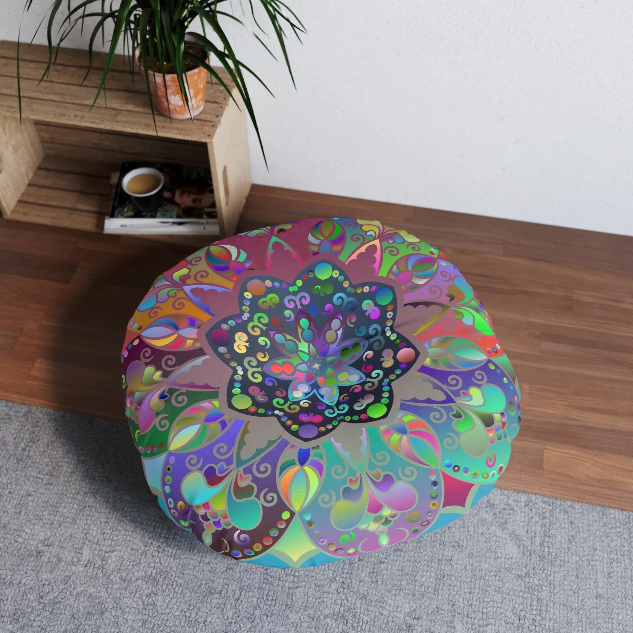 Hand Drawn Mandala Floor Cushion - Colorful Turquoise Background