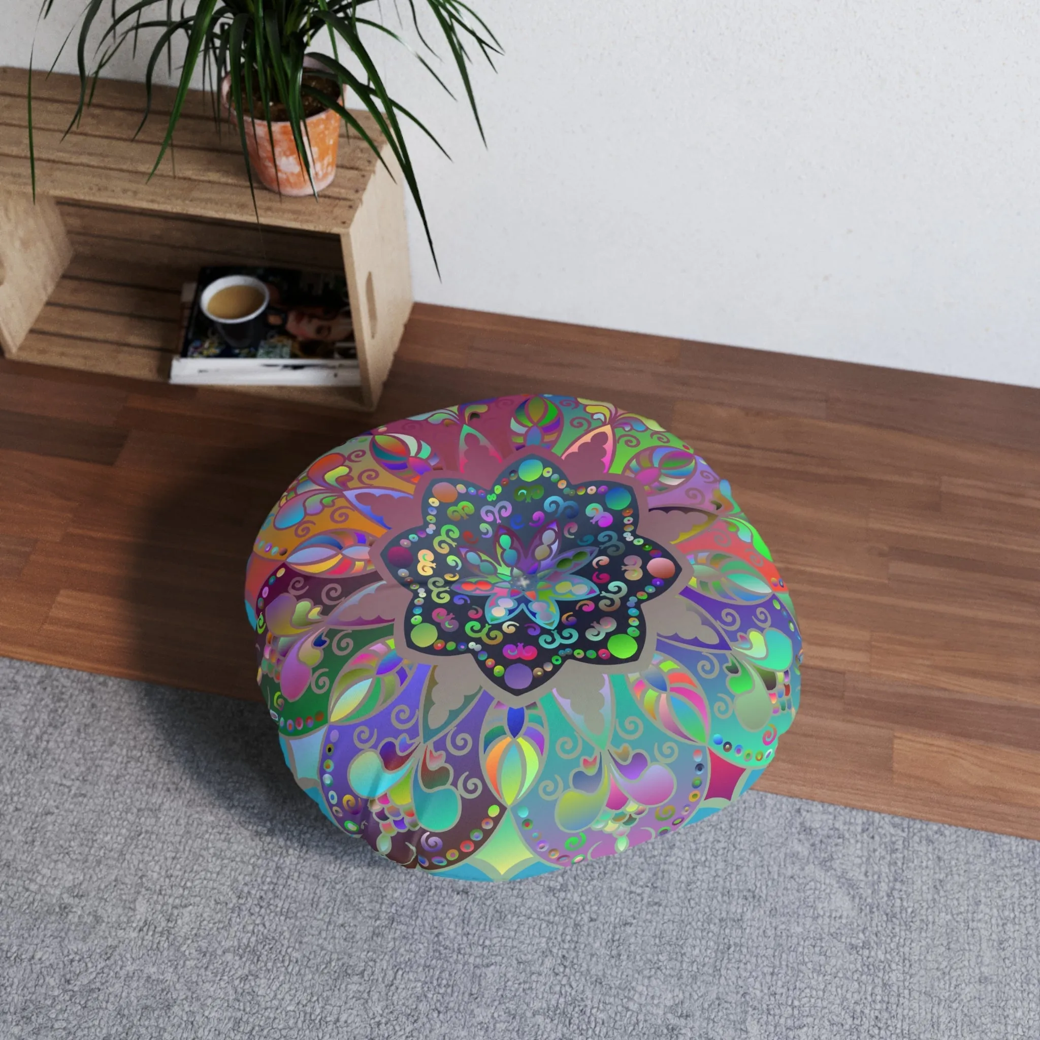 Hand Drawn Mandala Floor Cushion - Colorful Turquoise Background