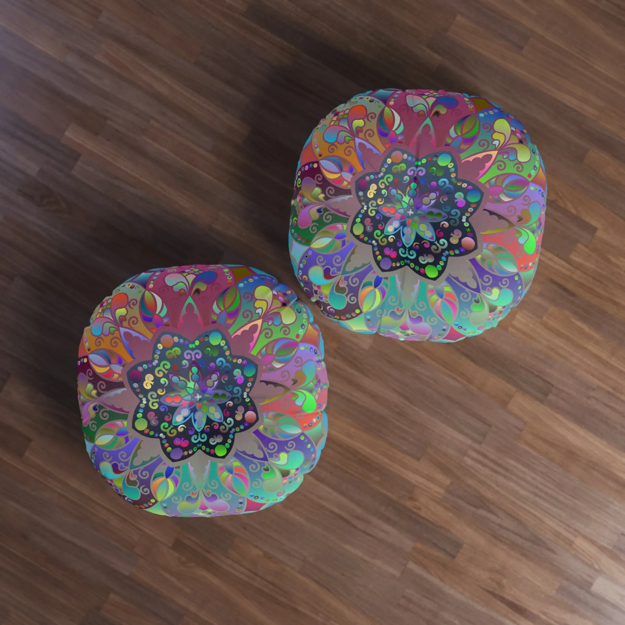 Hand Drawn Mandala Floor Cushion - Colorful Turquoise Background