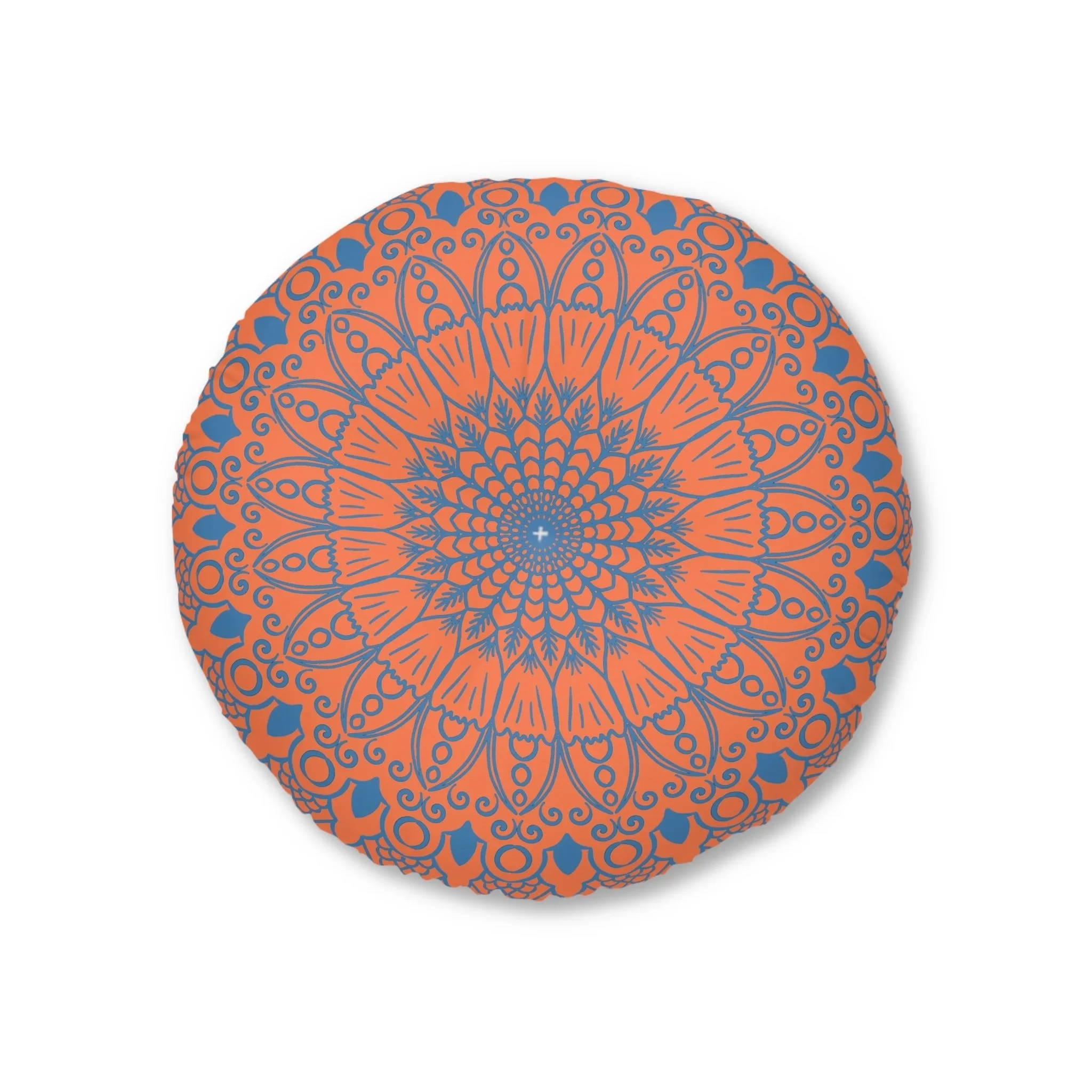 Handmade Mandala Art Floor Cushion - Steel Blue on Coral - Round