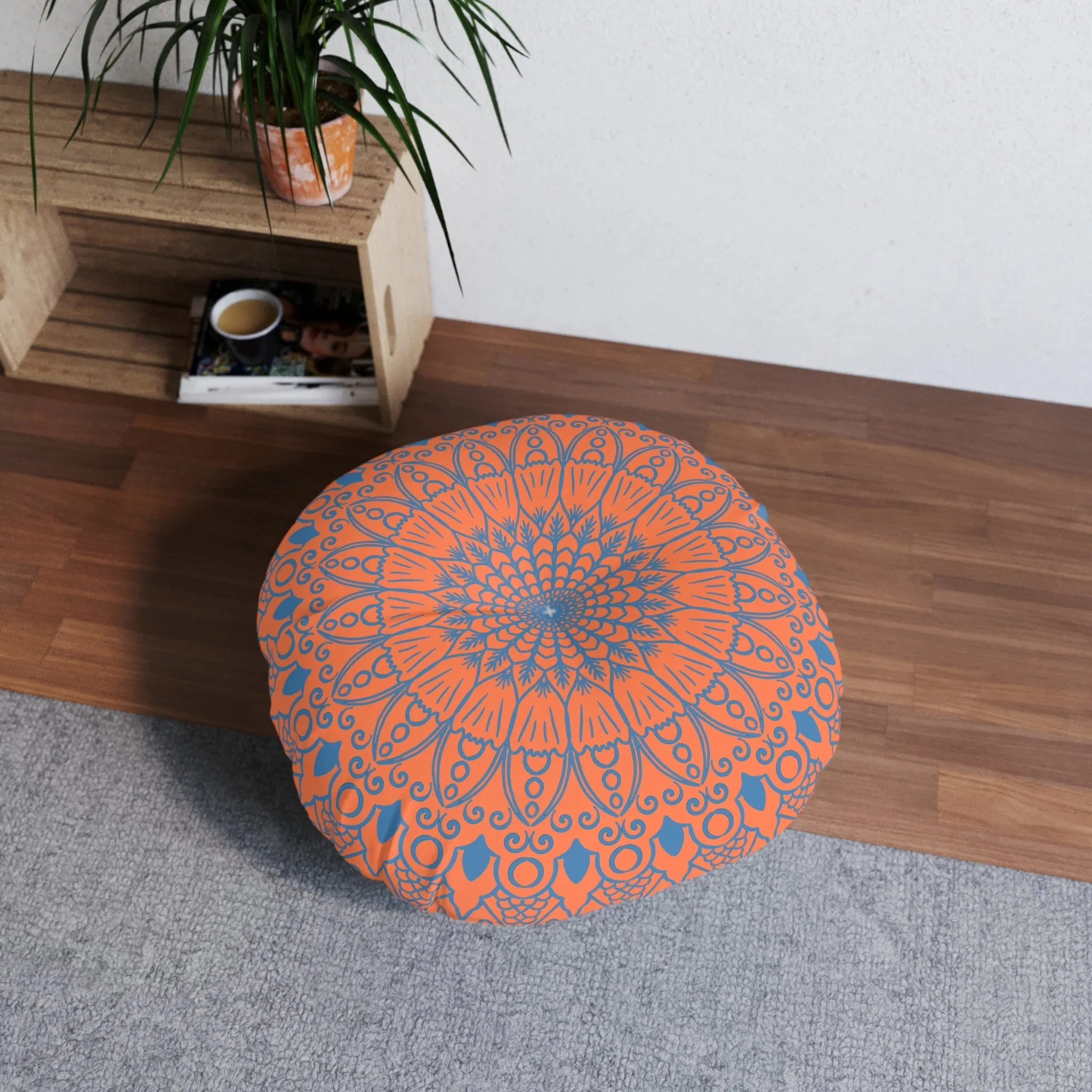 Handmade Mandala Art Floor Cushion - Steel Blue on Coral - Round