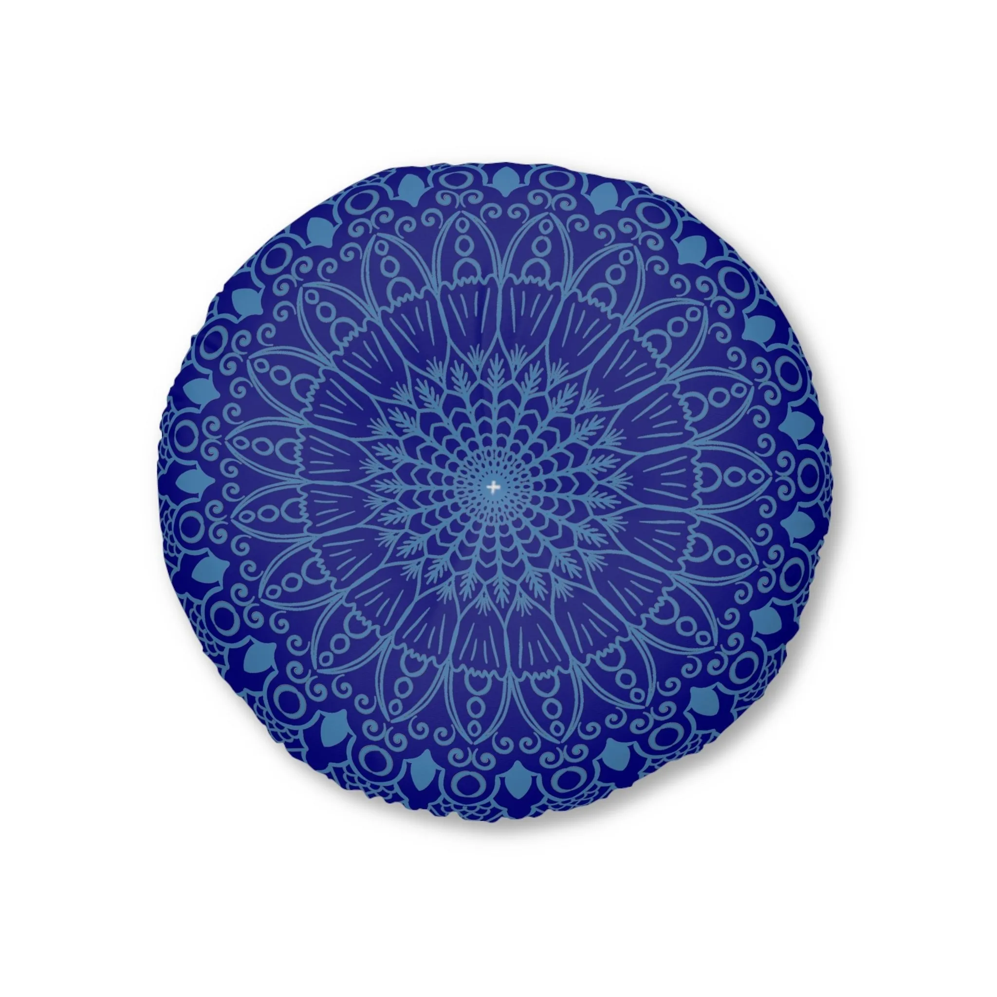 Handmade Mandala Art Floor Cushion - Steel Blue on Navy Blue Background
