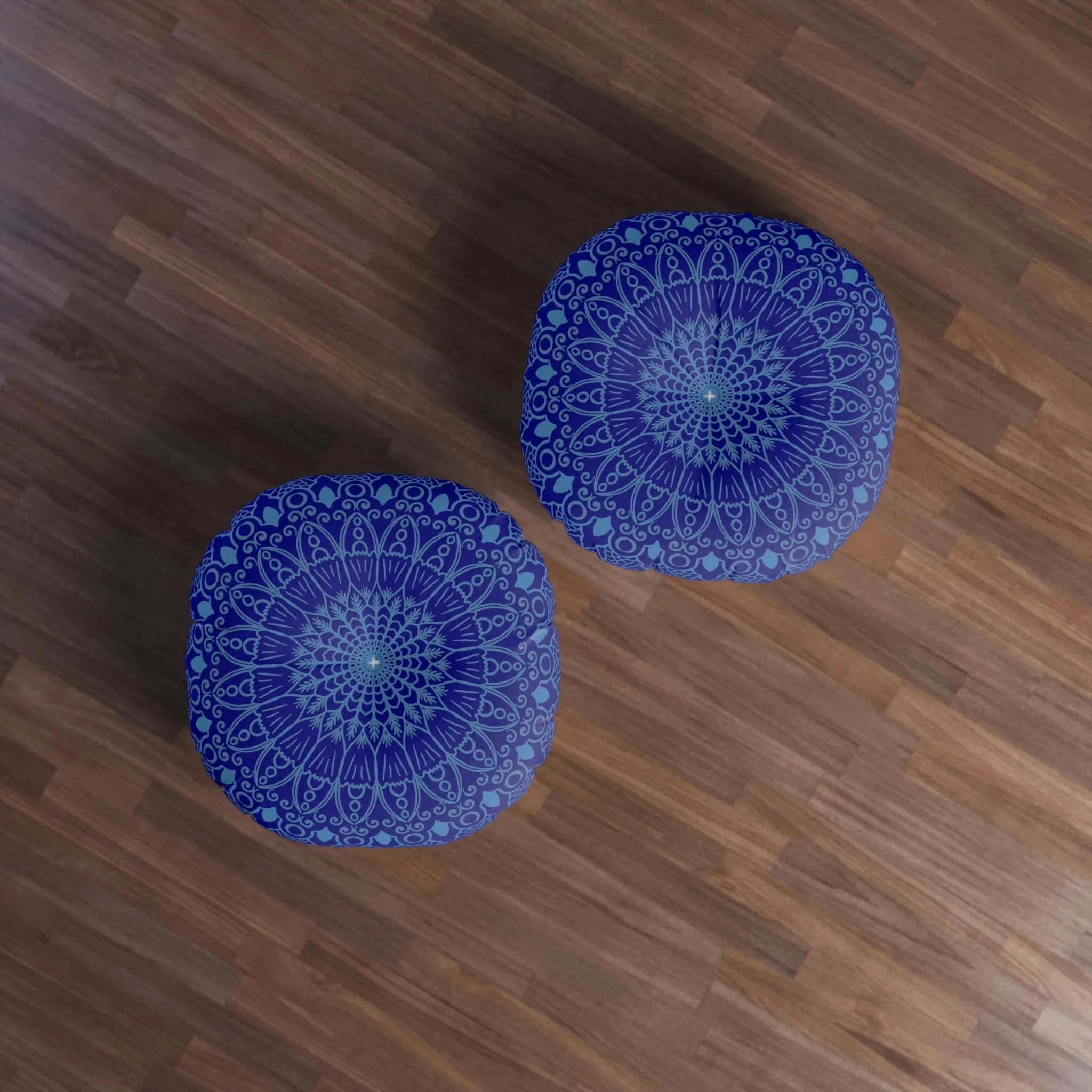 Handmade Mandala Art Floor Cushion - Steel Blue on Navy Blue Background
