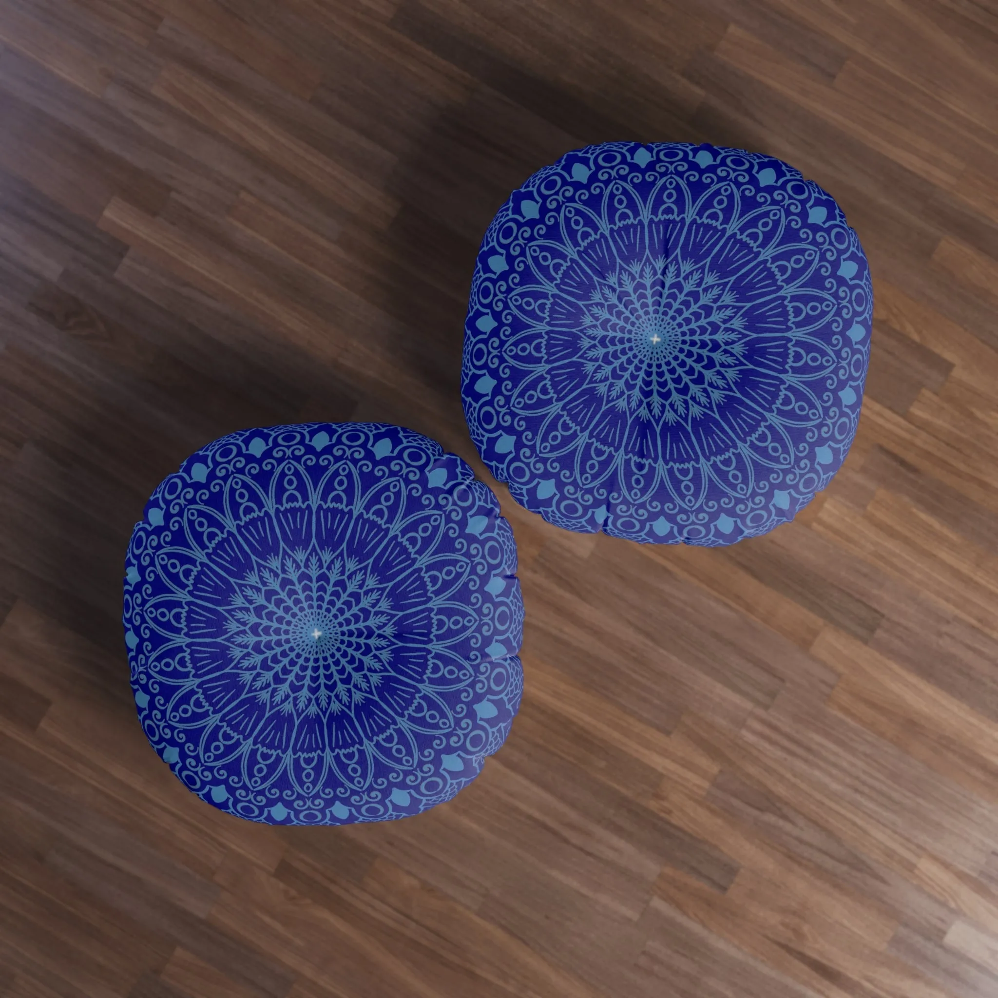 Handmade Mandala Art Floor Cushion - Steel Blue on Navy Blue Background
