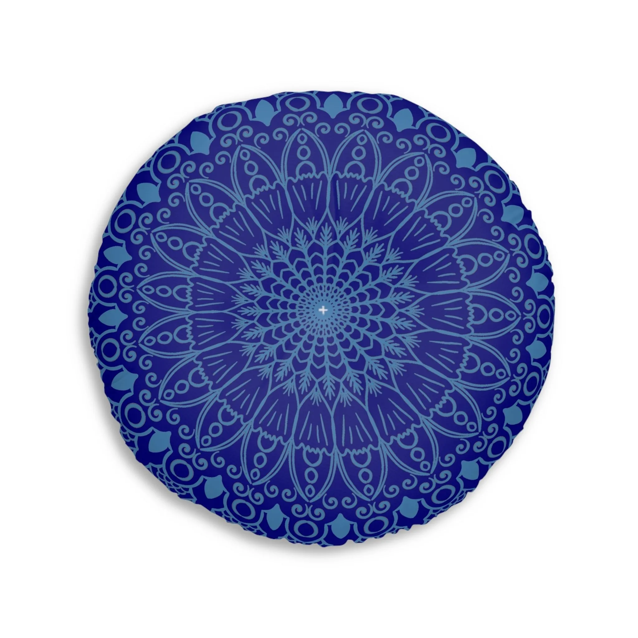 Handmade Mandala Art Floor Cushion - Steel Blue on Navy Blue Background
