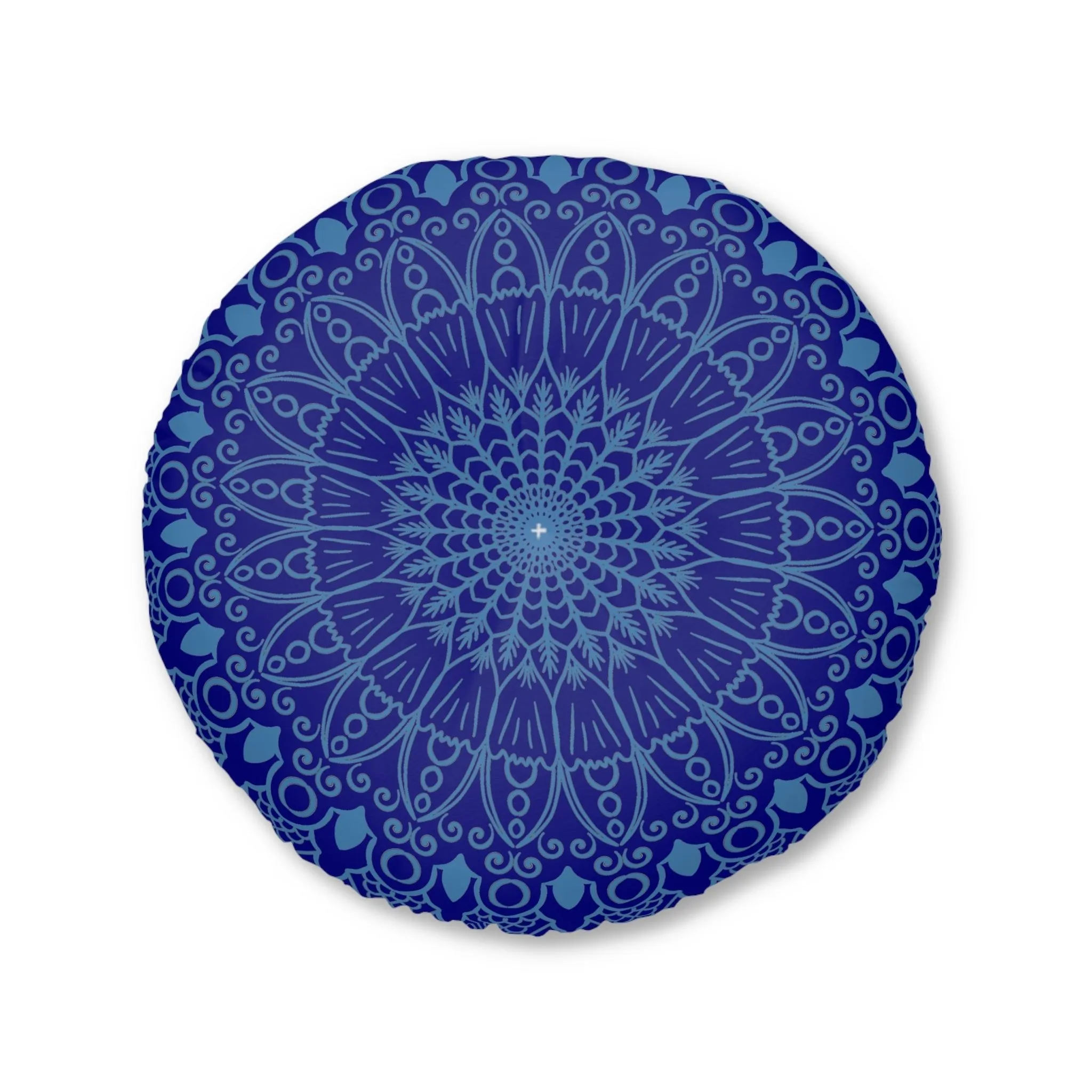 Handmade Mandala Art Floor Cushion - Steel Blue on Navy Blue Background