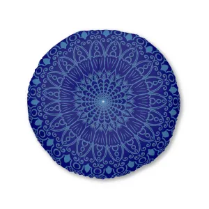 Handmade Mandala Art Floor Cushion - Steel Blue on Navy Blue Background
