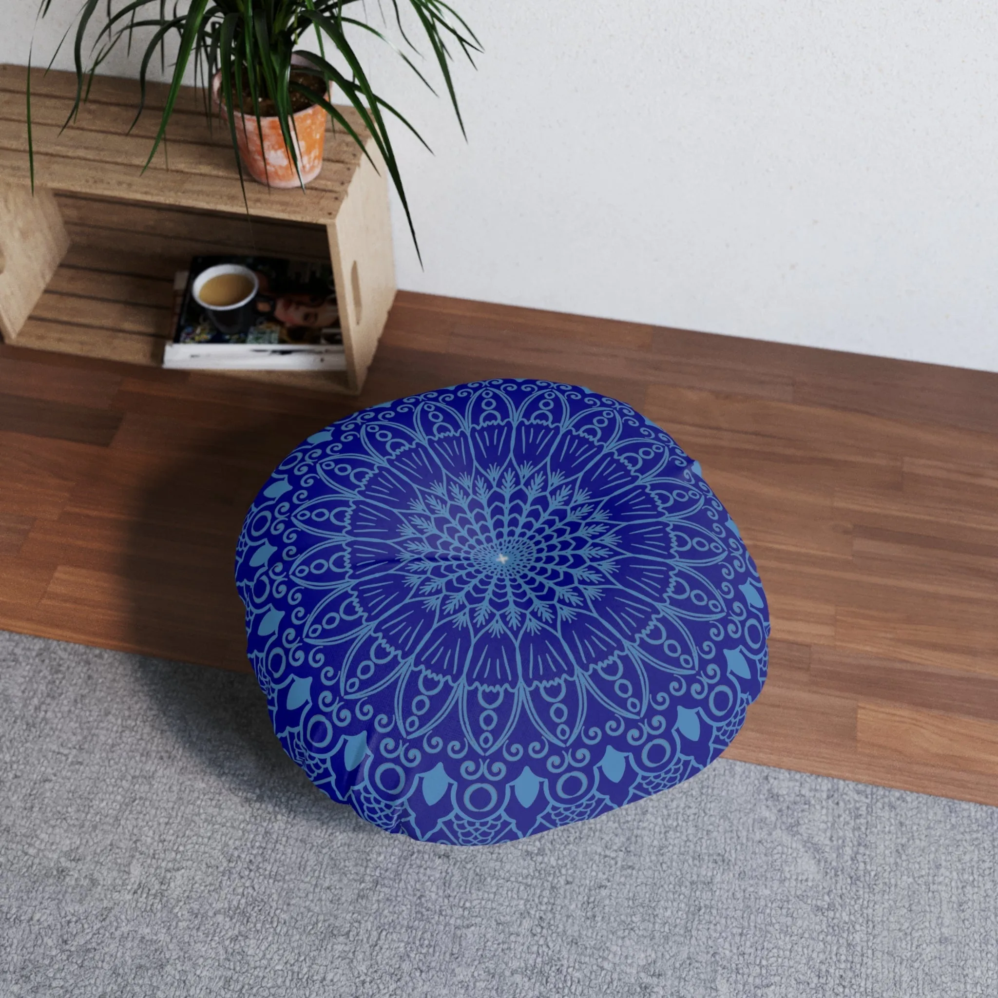 Handmade Mandala Art Floor Cushion - Steel Blue on Navy Blue Background