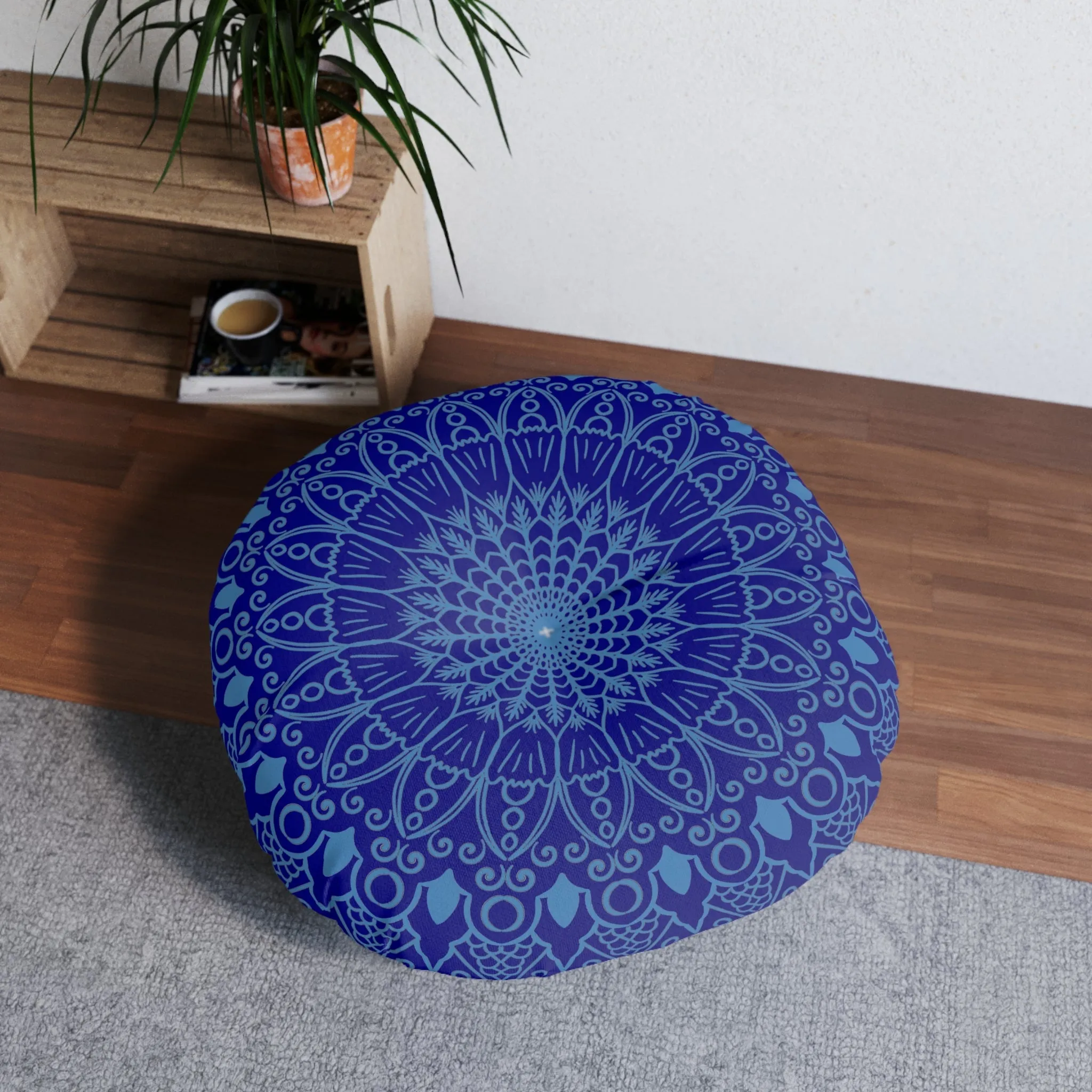 Handmade Mandala Art Floor Cushion - Steel Blue on Navy Blue Background