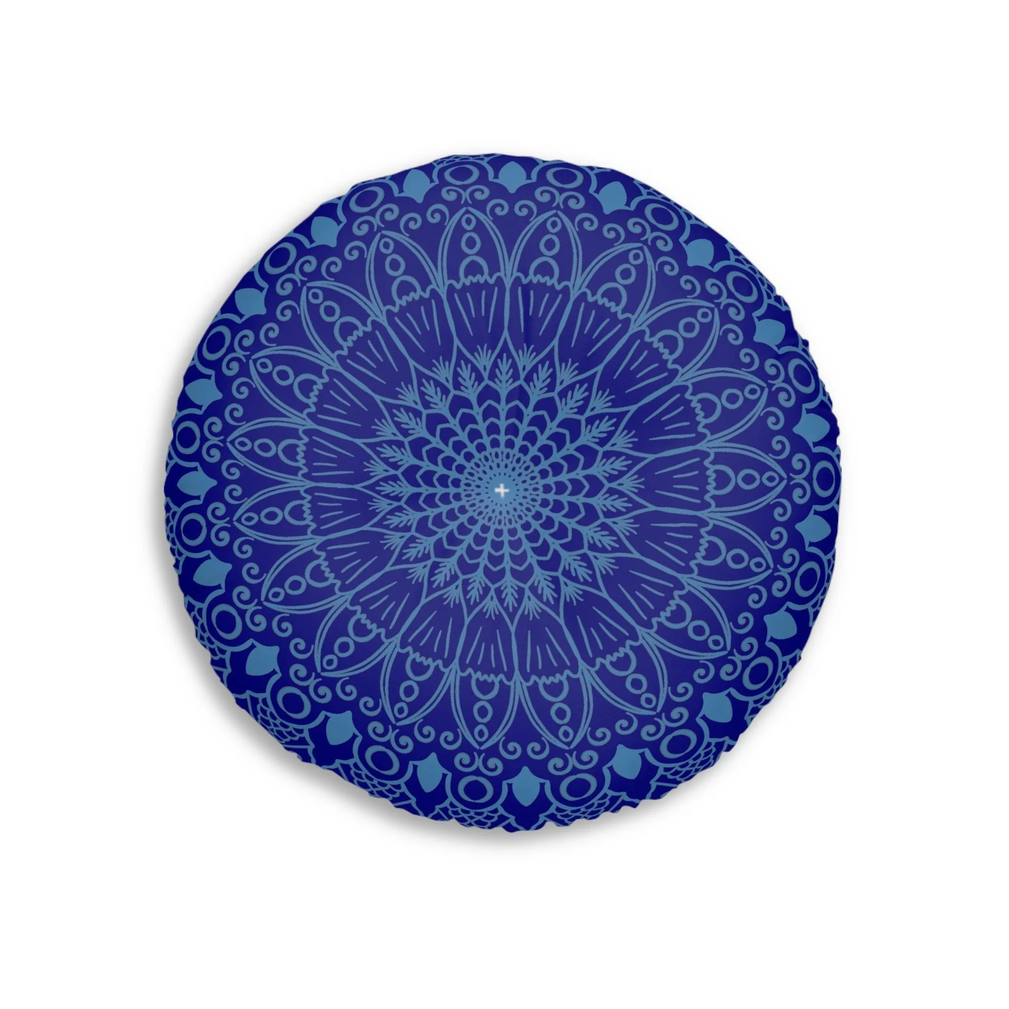 Handmade Mandala Art Floor Cushion - Steel Blue on Navy Blue Background