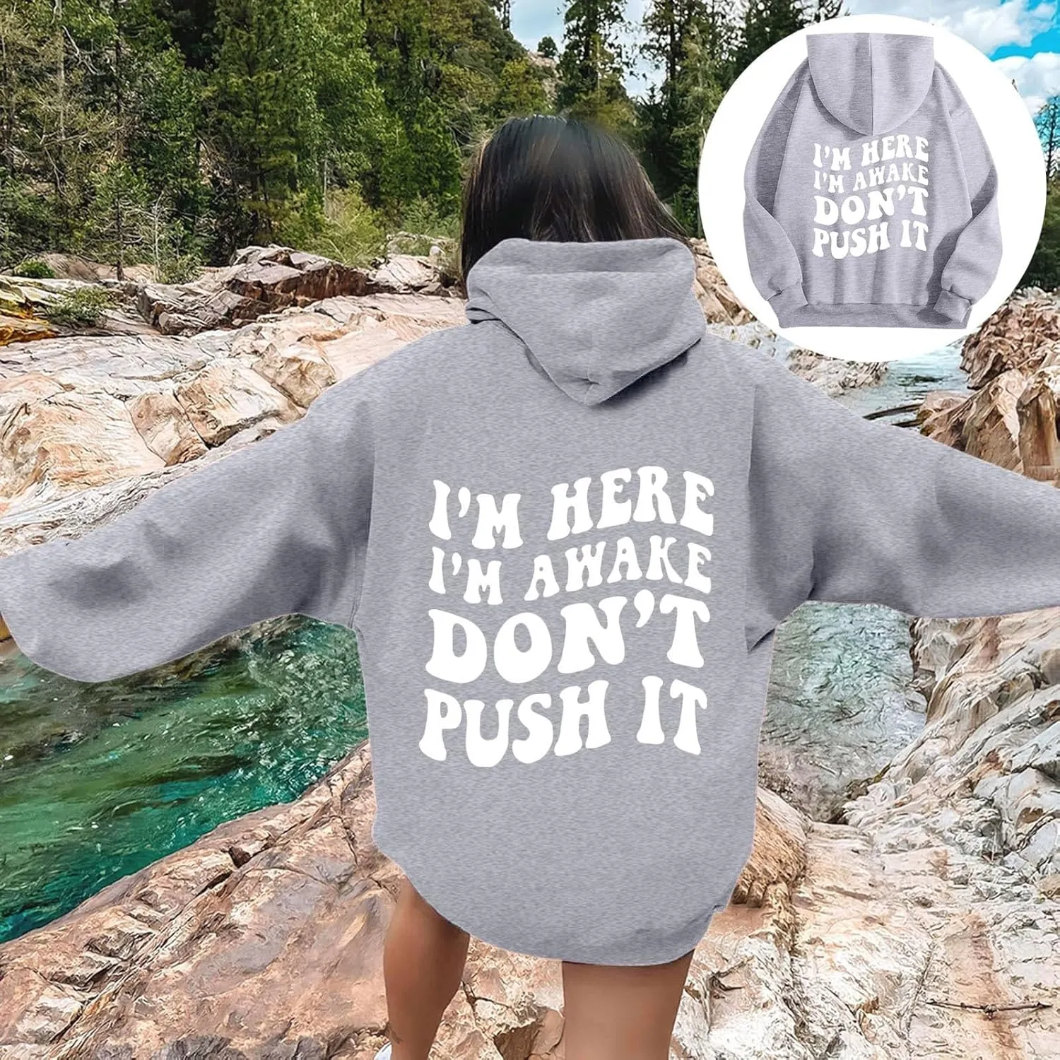 Heevina Hoodies For Women I'm Here I'm Awake Don't Push It Printed Funny Hoodie Pockets Hooded Sweatshirts 2024 Casual