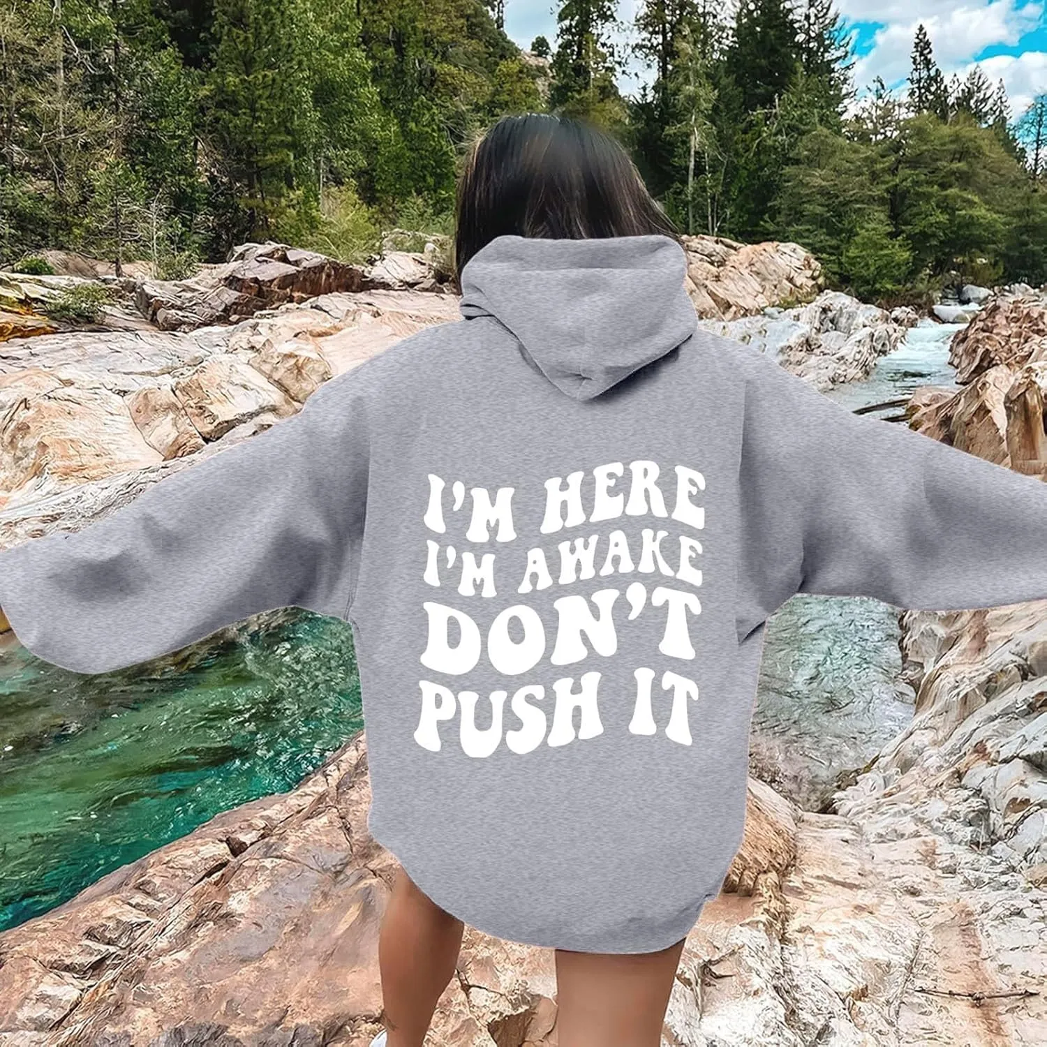 Heevina Hoodies For Women I'm Here I'm Awake Don't Push It Printed Funny Hoodie Pockets Hooded Sweatshirts 2024 Casual