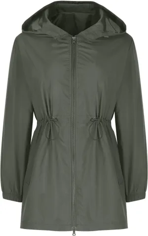 HGps8w Women's Drawstring Waist Raincoat Lightweight Waterproof Hooded Trench Coats Outdoor Windbreaker Long Travel Jackets