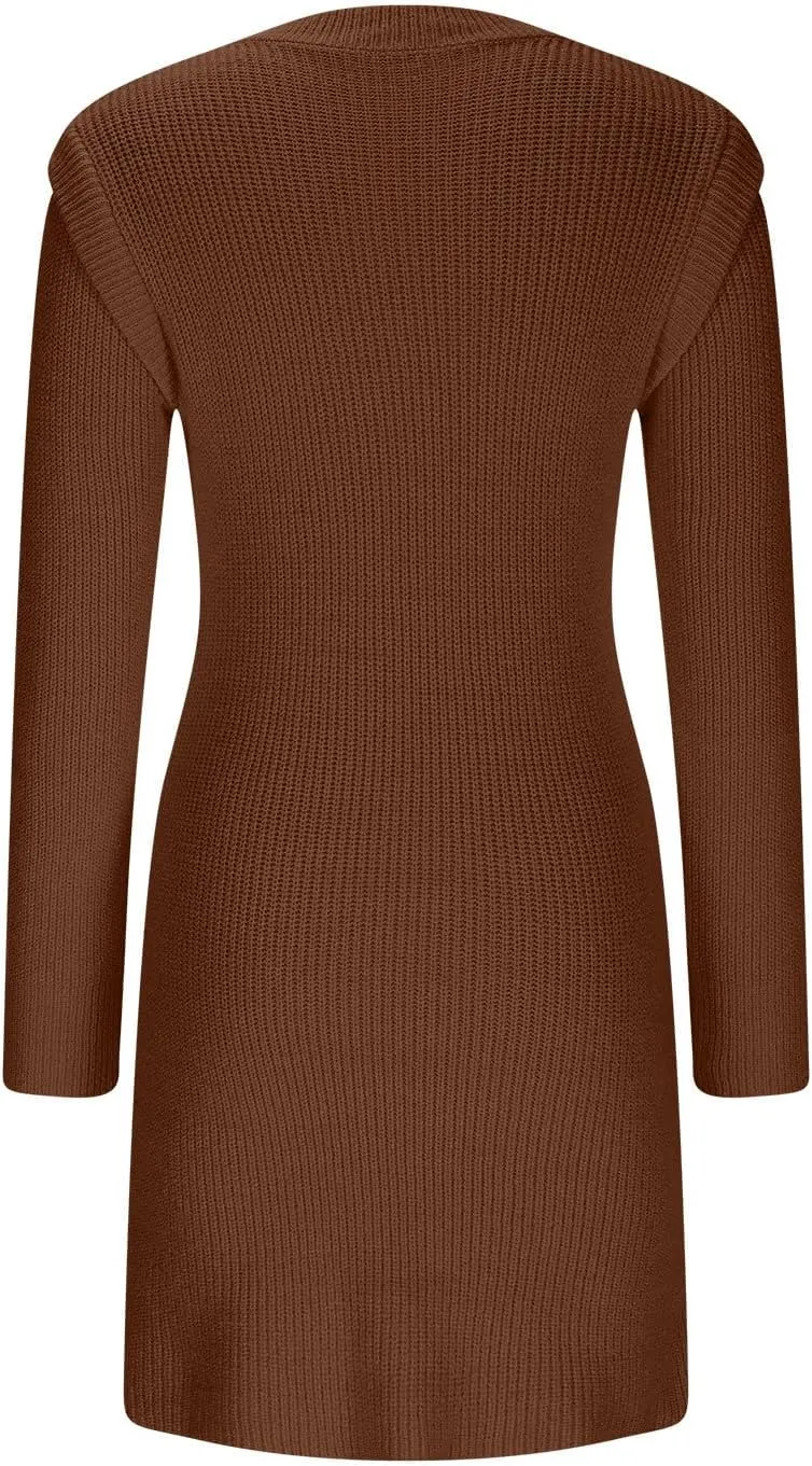 HGps8w Women's Plus Size Sweater Dress, Fall Winter Ruffle Long Sleeve Crewneck Chunky Knit Bodycon Mini Dresses
