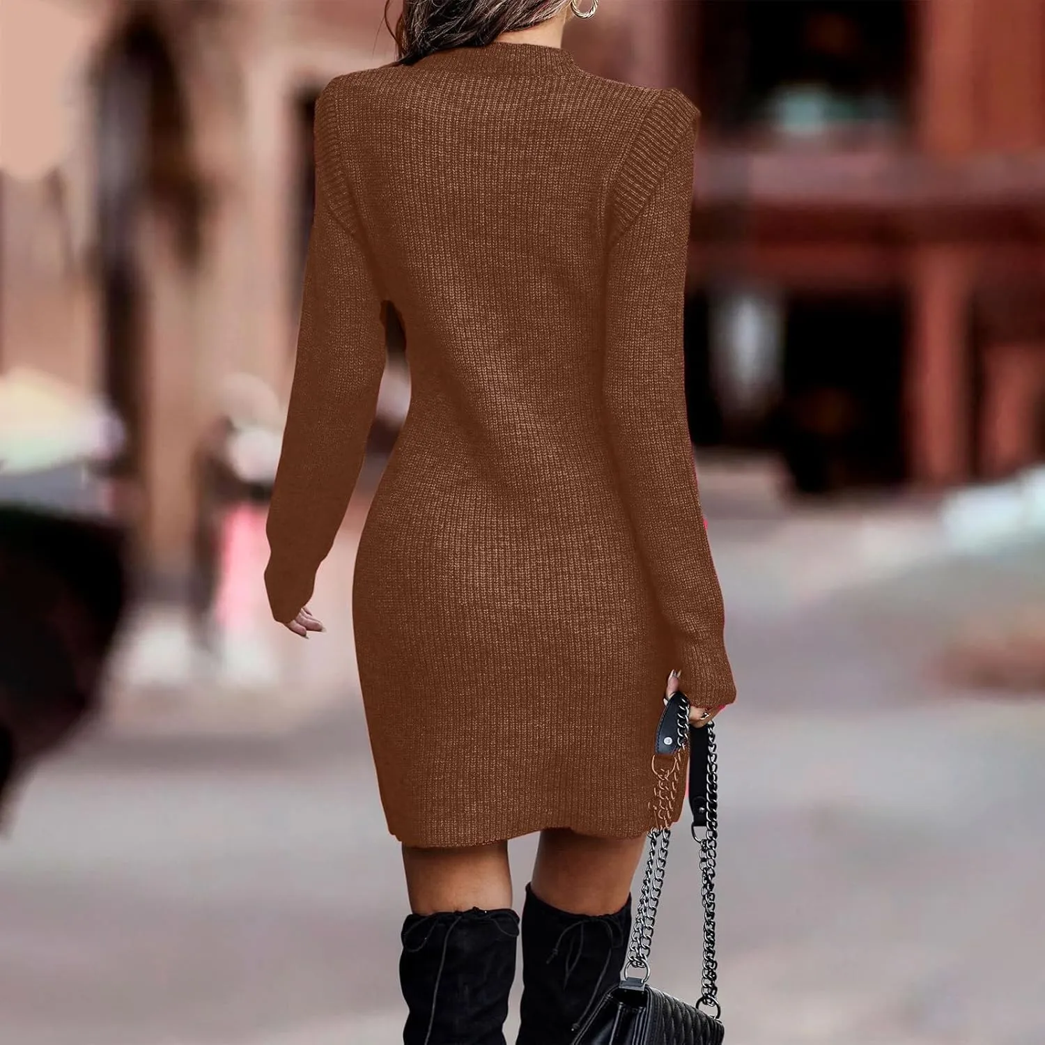 HGps8w Women's Plus Size Sweater Dress, Fall Winter Ruffle Long Sleeve Crewneck Chunky Knit Bodycon Mini Dresses