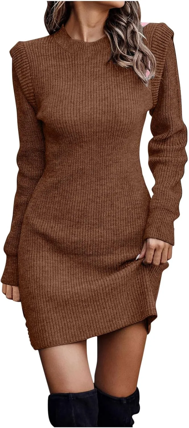 HGps8w Women's Plus Size Sweater Dress, Fall Winter Ruffle Long Sleeve Crewneck Chunky Knit Bodycon Mini Dresses