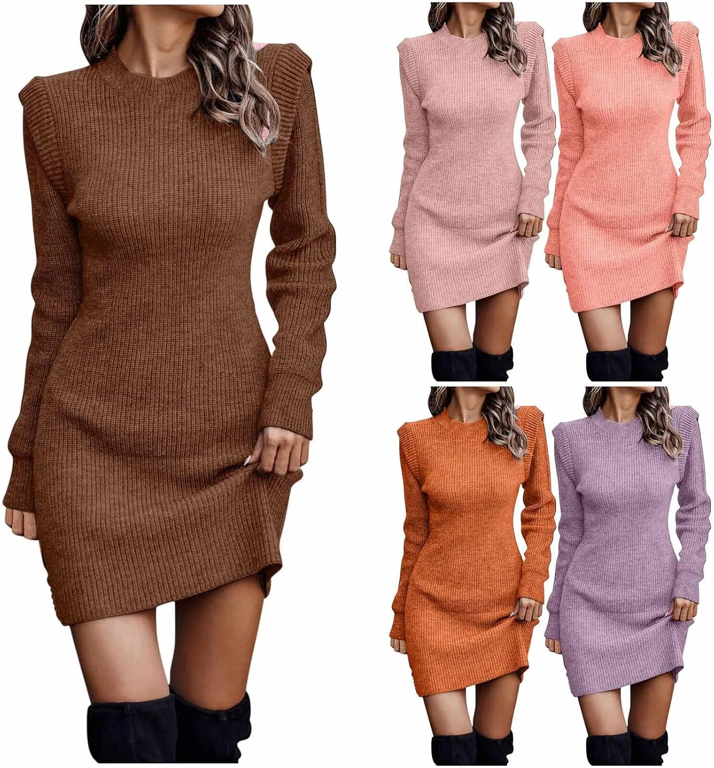 HGps8w Women's Plus Size Sweater Dress, Fall Winter Ruffle Long Sleeve Crewneck Chunky Knit Bodycon Mini Dresses