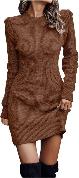 HGps8w Women's Plus Size Sweater Dress, Fall Winter Ruffle Long Sleeve Crewneck Chunky Knit Bodycon Mini Dresses