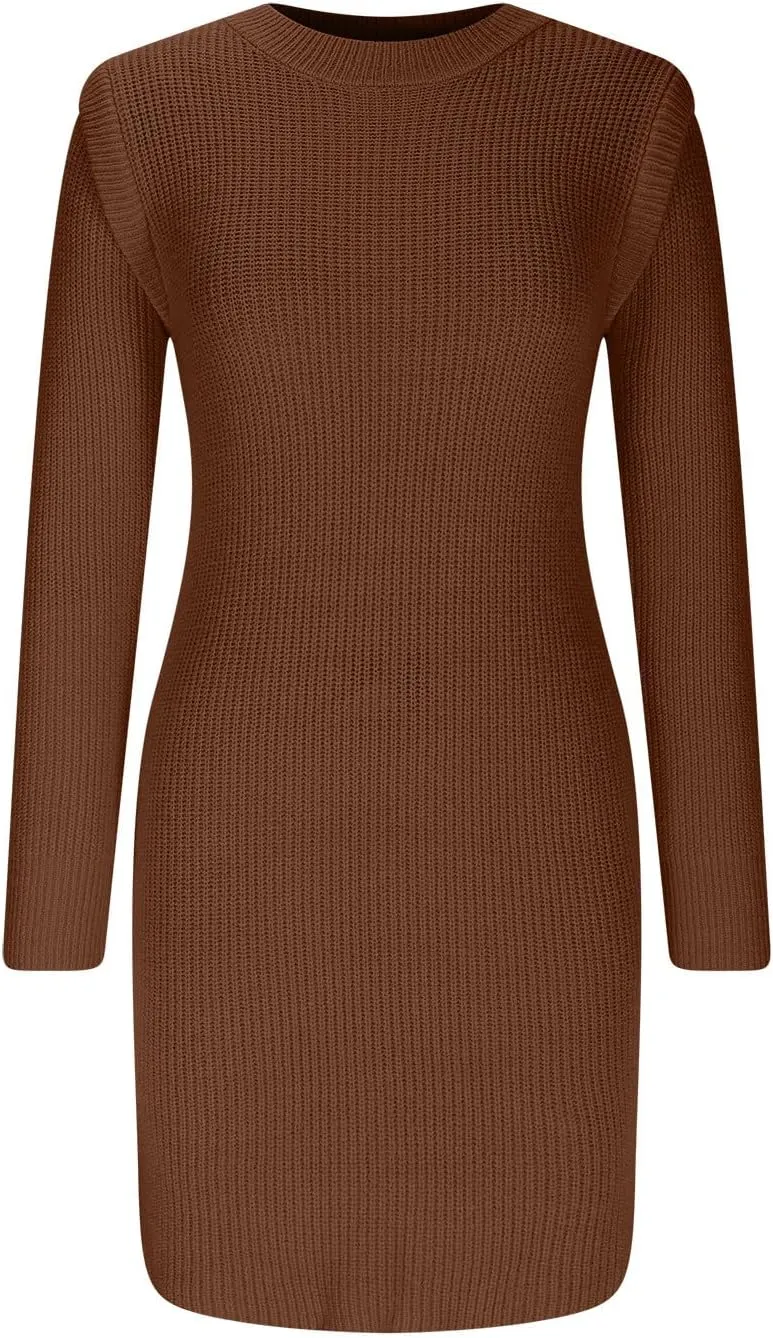 HGps8w Women's Plus Size Sweater Dress, Fall Winter Ruffle Long Sleeve Crewneck Chunky Knit Bodycon Mini Dresses
