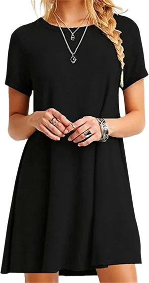 Hide Belly Relaxed Fit Dresses for Women Boat Neck Wide Waist Short Dress Solid Color Short Sleeve Tank Dress