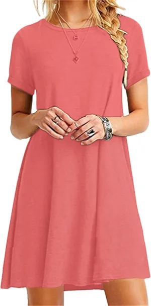 Hide Belly Relaxed Fit Dresses for Women Boat Neck Wide Waist Short Dress Solid Color Short Sleeve Tank Dress
