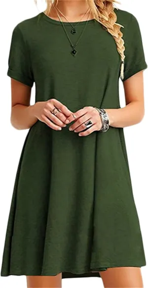 Hide Belly Relaxed Fit Dresses for Women Boat Neck Wide Waist Short Dress Solid Color Short Sleeve Tank Dress