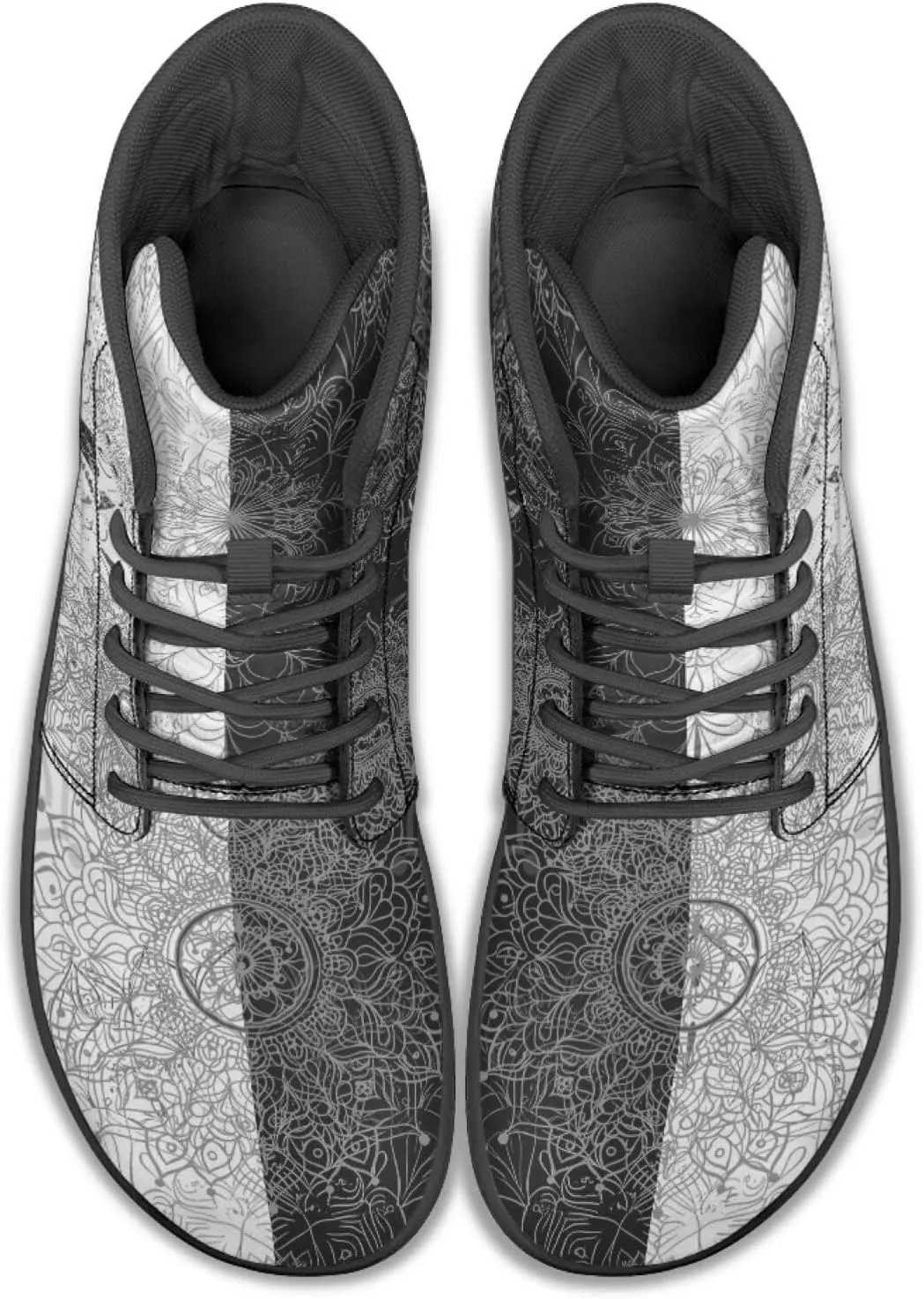 High Top Black White Mandala Animal Pattern Barefoot Shoes for Men Wide Toe Box Zero-Drop Minimalist Design