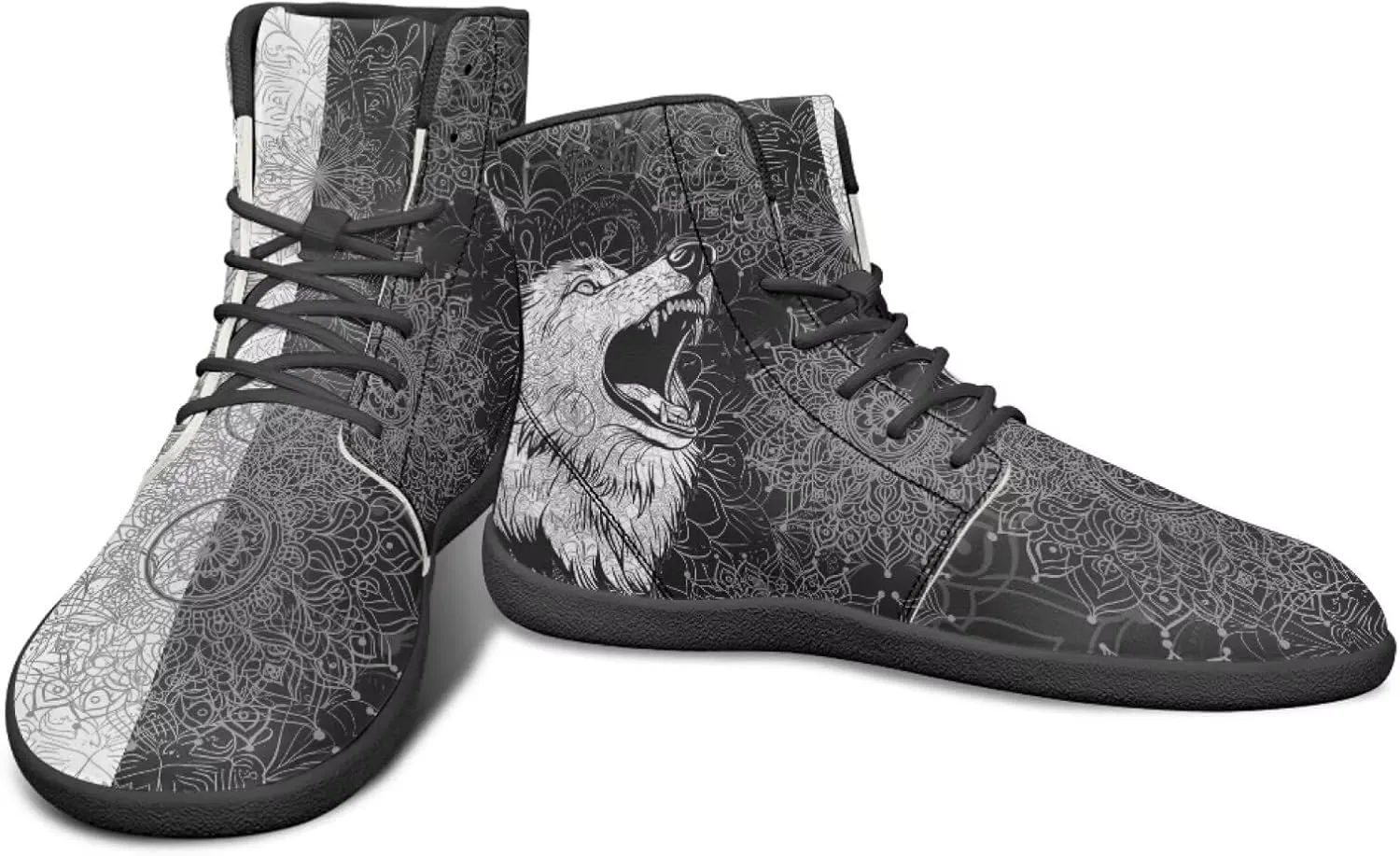 High Top Black White Mandala Animal Pattern Barefoot Shoes for Men Wide Toe Box Zero-Drop Minimalist Design
