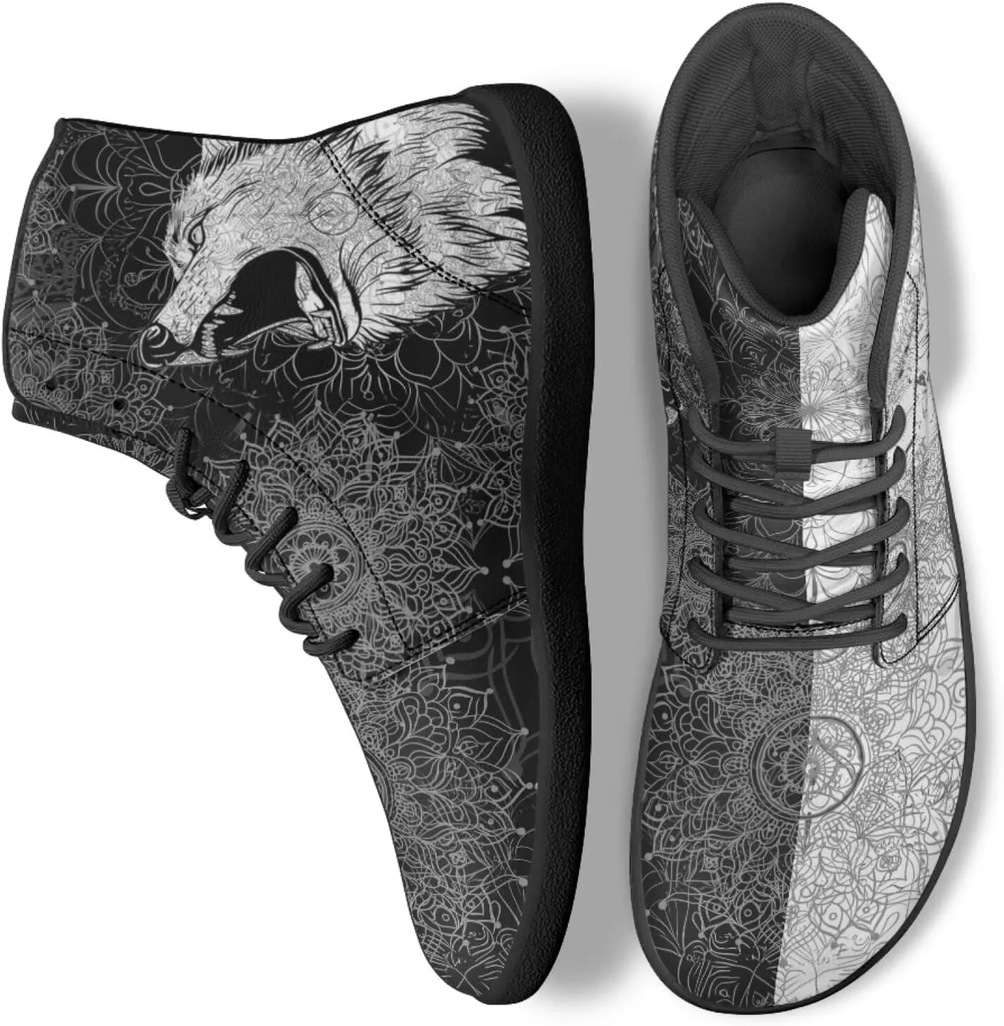 High Top Black White Mandala Animal Pattern Barefoot Shoes for Men Wide Toe Box Zero-Drop Minimalist Design